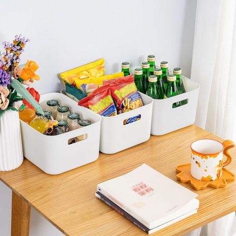 Panier de rangement 8 L (lot de 4), boîte de rangement ouverte en plastique avec poignée, blanc (28,5 x 22 x 14 cm) (SKU produit : 97091472 SKU Offre : mkh25.8.14-13) (1/4)