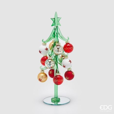 EDG Enzo De Gasperi Albero di Natale in Vetro Decorato su Base H 26 Cm D 9 Cm Verde Rosso