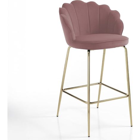 Taburete de bar en terciopelo diseño concha con patas doradas Linny - Rosa