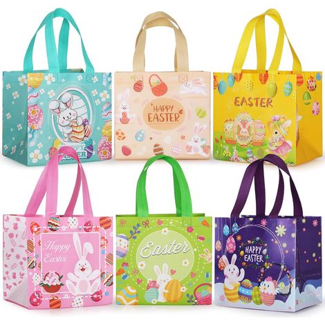 bolsas de regalo de Pascua, bolsas de regalo de Pascua estampadas de tela no tejida con asa, decoradas con diseños de conejos y huevos, para la búsqueda de huevos de Pascua, relleno de cestas - 21 x 1