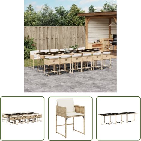 The Living Store 13-tlg. Garten-Essgruppe mit Kissen Beige Poly Rattan - Gartentisch - Esstisch Set - Gartenmöbel - Outdoor Möbel - Terrassenmöbel (1/5)