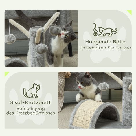Arbre à chat 40 cm, petite tour avec cachette, 2 balles de jeu, tapis à griffer, pour chats petits et grands, gris clair (1/5)