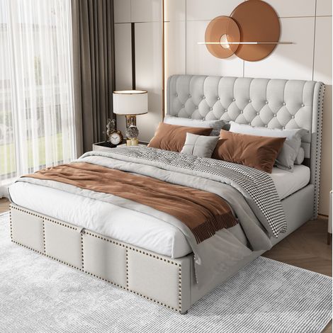 Letto contenitore 140x190 cm, letto matrimoniale imbottito con rete a doghe e decorazione con borchie, in velluto, grigio, senza materasso (1/5)