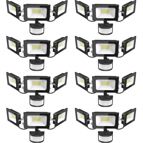 Projecteur LED Détecteur de Movement - 100W 10000LM Ultra Lumineux 3 Tête Spot LED Extérieur, IP65 Etanche Éclairage de Sécurité Extérieur PIR pour Cour Porche Jardin Garage, 8 Pack (1/5)