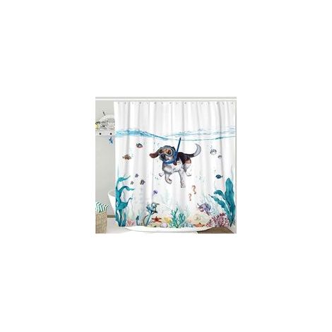 Cortina de baño con diseño de perro buceador, cortina de ducha con animales marinos, poliéster, 180x180cm, impermeable, duradera, accesorio decorativo moderno para el baño con 12 ganchos.