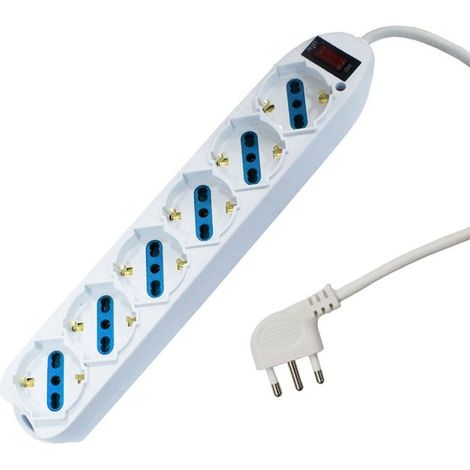 Multipresa Ciabatta Elettrica Cavo 1,5M Con 6 Posti Prese Universale 10/16A Schuko e Interruttore Spina 10A Laterale Bianco