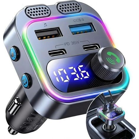Transmetteur FM Bluetooth 5.4 pour Voiture 48W, Autoradio avec Bass Boost HiFi, Charge Rapide 30W PD et 18W QC 3.0, Kit Mains Libres Double Micro, USB/U-Disk, Allume-Cigare 12-24V (1/5)