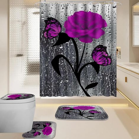 4-Piece Bathroom Shower Curtain Set, Toilet Mat, Non-Slip Bath Mat, Toilet Seat Cover (Mauve) (1/5)