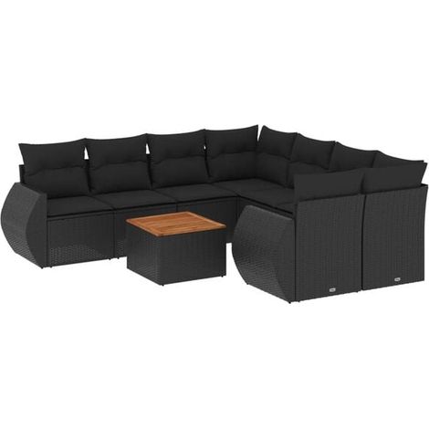 Ensemble de Meubles de Jardin en Rotin Synthétique 9 Pièces avec Coussins Noirs (1/5)