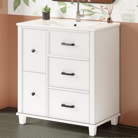 Meuble sous vasque sur pieds 76,5 x 47 x 83,5 cm avec 4 tiroirs et 1 tiroir abattant, blanc (1/5)