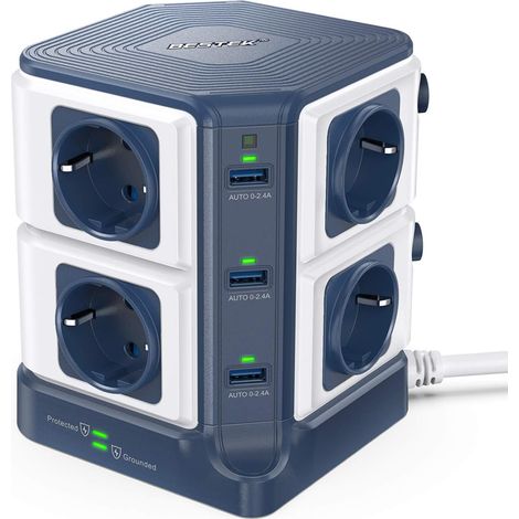 Tour Multiprise USB Bloc Parafoudre/Parasurtenseur 8 Prises avec 6 Ports USB de Recharge pour Bureau Maison,1600J Protection Surtensions,Clapet Sécurisé,3600W/16A