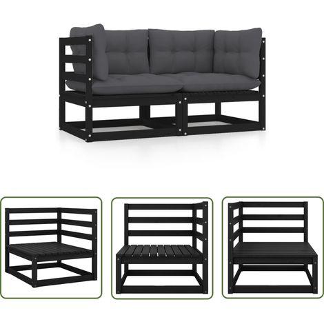 INLIFE Canapé 2 places de jardin avec coussins Noir Bois de pin solide (1/5)