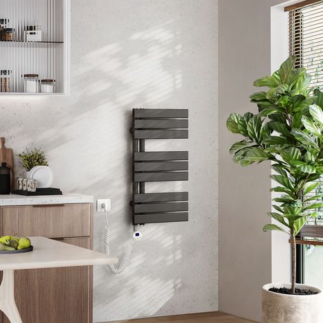 EMKE Elektrischer Badheizkörper mit WiFi 76 x 40 cm Anthrazit 400 W Handtuchheizkörper, Smart Home, Flachrohr 24/7 Timer & Alexa kompatibel