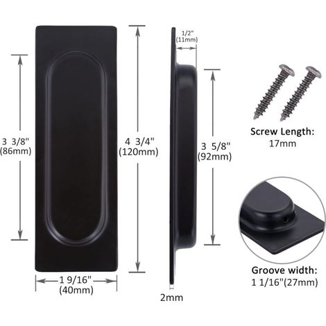 Lot de 2 poignées rectangulaires encastrées pour porte coulissante 12 x 4 x 1,2 cm en acier inoxydable noir mat (1/3)