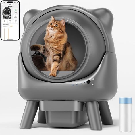 Litiere Chat Autonettoyante, 95L Litière Automatique, Anti-Odeurs, Contrôle APP, Anti-Fuites/Pincement/Odeur, Compatible avec Tous Types de Litière, pour Foyers Multi-Chats (Gris) (1/5)