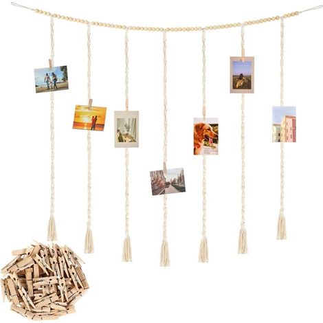 photo Cadre Mural Pêle-Mêle Guirlande Macramé Franges Support Collage Décoration Murale Chambre Cadeau Fête (1/5)