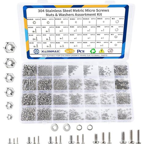 1670Pcs Assortiment de Micro-vis et écrous métriques en Acier Inoxydable 304, Tailles M1, M1.2, M1.4, M1.6, M2, M2.5, vis mécaniques à tête bombée cruciforme pour électronique, modèles RC (1/5)