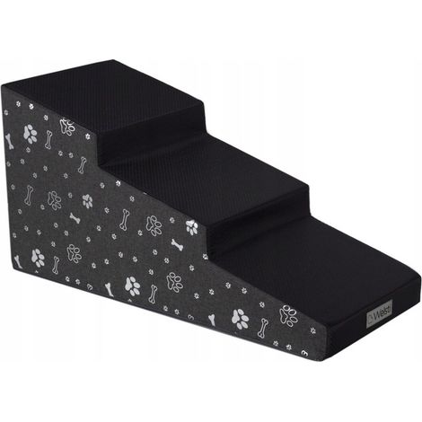 Escalier pour chien 40 cm – 3 marches antidérapantes – Inclinaison douce pour sécurité – Tissu gris avec motifs argentés