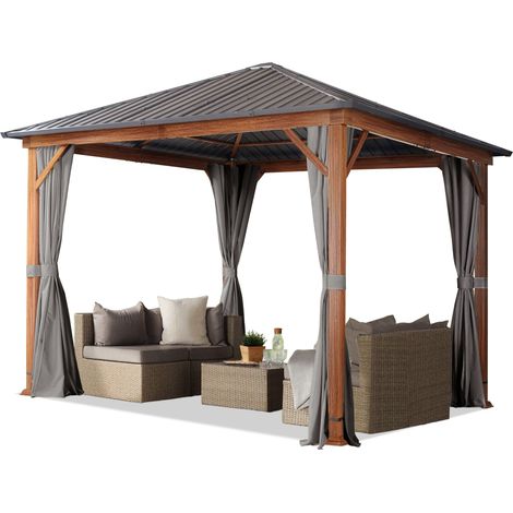 Garden gazebo 3x3 m wood finish, steel roof hardtop 4 side panels in grey (1/5)