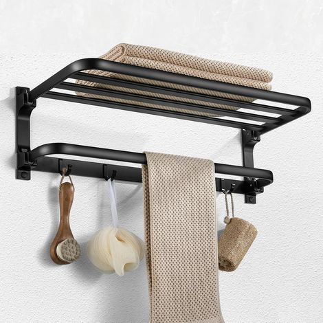 Porte-serviettes noir avec support pour barre porte-serviettes, porte-serviettes avec 5 crochets, porte-serviettes mural pliable (58 cm) (1/5)
