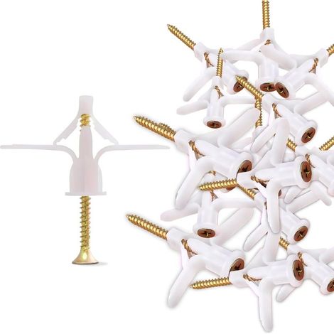 Lot de 30 chevilles et vis pour plaques de plâtre, kit d'ancrage pour cloison sèche, tube d'expansion, ancrages en plastique, type papillon, fixation murale, couleur blanche (1/5)
