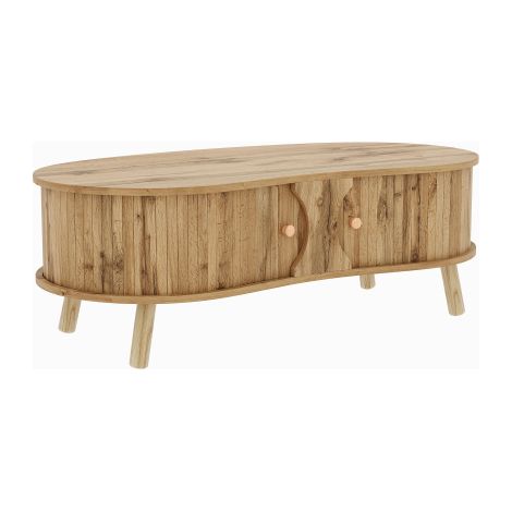 Table basse design original rainuré MDF, pieds bois massif rangement salon