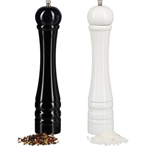 Moulin à épices en bois Set de 2 moulins 30 cm Meule en céramique pour assaisonnement Noir et blanc (1/5)