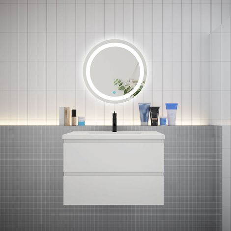 Ensemble meuble vasque L.79cm 2 tiroirs + lavabo + LED miroir rond 60cm,blanc,design (1/5)