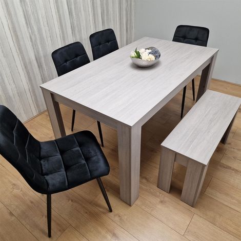 Dining Table and 4 Chairs With Bench Grey 4  Black Velvet Chairs Wood Dining Set Furniture (1/5)
