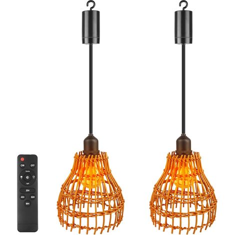 Lot de 2 lampes suspendues en rotin avec boîtier à piles et télécommande - Sans fil - Avec minuterie - Vintage - Pour balcon, terrasse, chambre à coucher - Sans électricité - Câble de 100 cm (1/5)