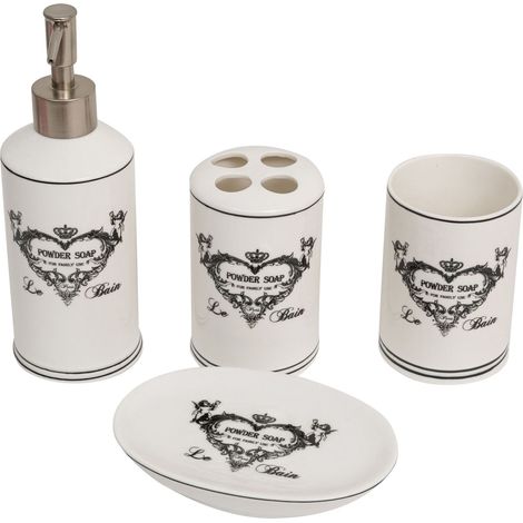 4-teiliges Waschbecken-Set aus Keramik. Flüssigseifenhalter, Zahnbürstenhalter, Ablage für Accessoires und Gegenstände (1/5)