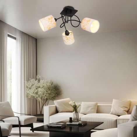 Plafoniera soggiorno lampada da soffitto lampada da pranzo lampada da camera da letto, metallo legno tessuto nero oro, 3 lampadine E14, H 27,5 cm (1/5)