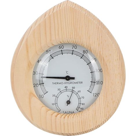 Hygromètre Thermomètre 2 en 1 en Bois Forme Goutte pour Sauna, Indicateur de Température et Humidité, Accessoire pour Hammam, Chambre de Vapeur (Design Bois Naturel) (1/5)