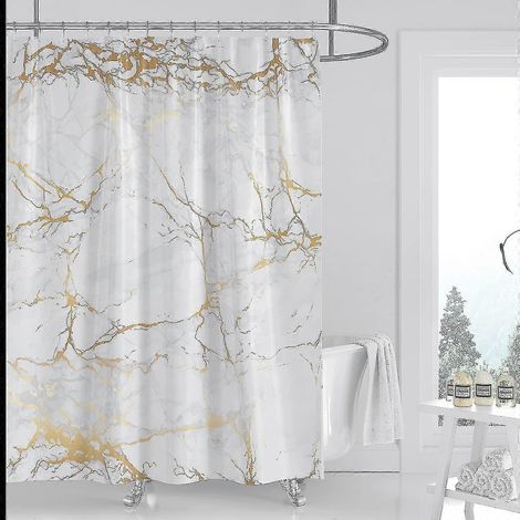 Rideau de douche en marbre Blanc et Or Doré Lignes fissurées Texture Marbre Douche Curains Pour Salle de Bain Baignoire Tissu Imperméable Avec 12hooks (72 72inch (1/5)