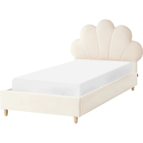 Bed Beige Velvet Upholstered Frame Headrest 3ft EU Single Size Bedroom Kids Room Modern Traditional NEULISE (1/5)
