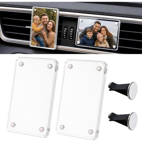 Lot de 2 cadres photo magnétiques en acrylique pour grille d'aération du tableau de bord, avec support de serrage avec colle, convient pour ajouter de la famille, décoration de voiture (1/5)