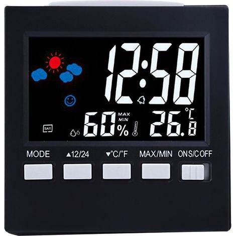 Ce réveil numérique radiocommandé, doté d'une commande vocale, d'un rétroéclairage, d'un thermomètre et d'un hygromètre, est un réveil polyvalent convenant aussi bien à la maison qu'au bureau. (1/4)