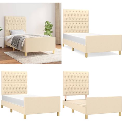 Bettgestell ohne Matratze Creme 100x200 cm Stoff - Bettgestell - Holzrahmen - Lattenrost - Kopfteil - Cremefarbenes Bett - Home & Living