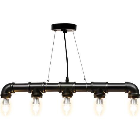 HAUTOUR Luminaire Suspendu Industriel 5 Branches Fer Noir, Montage Plafond Hauteur Réglable, 5 × E26 (Ampoules Non Fournies), Luminaire Intérieur pour Cuisine Bar Hôtel (1/5)