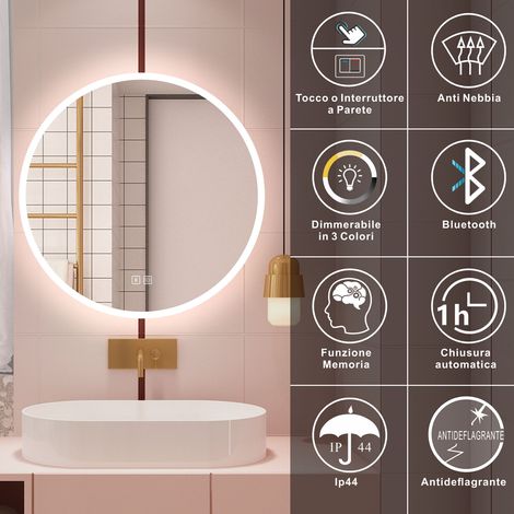Aica Specchio da bagno a LED, 70x70cm, Bluetooth, 3 Temperature di Colore, Funzione Antiappannamento (1/5)