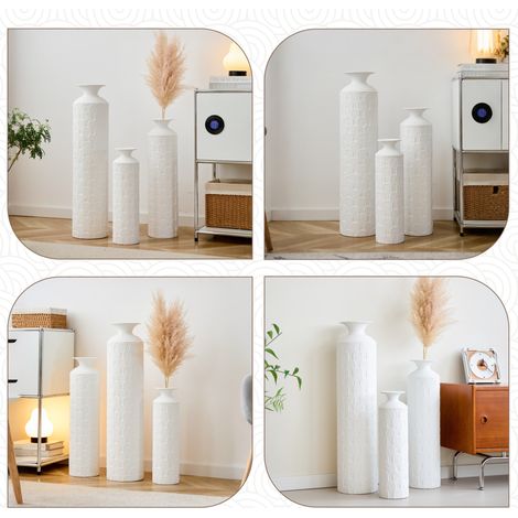 Set di 3 vasi da terra 50/65/85 cm in metallo bianco, effetto testurizzato – MEUBLIV (1/5)