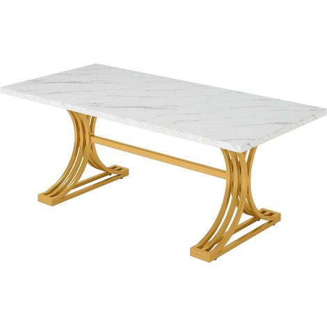 Table à manger 4 à 6 personnes 160 x 80 cm, plateau effet marbre blanc et doré, pieds métal, pour cuisine et salle à manger moderne - CHICFURN (1/5)