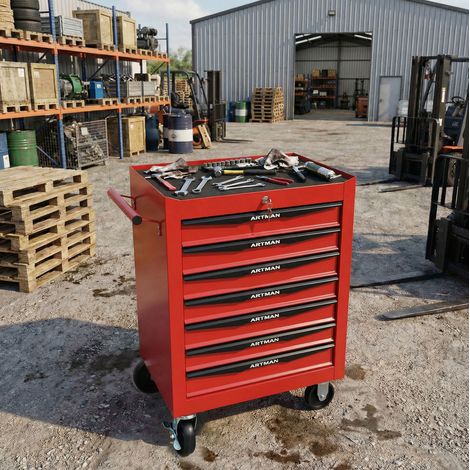 Carro de herramientas 60x33x77,5 cm de acero rojo, 7 cajones con cierre – MEUBLIV (1/5)