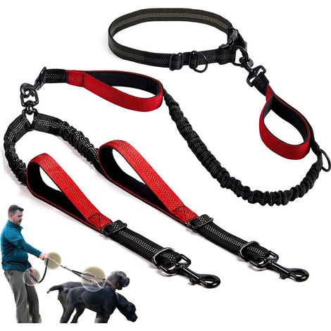 Laisse double brillante, mains libres, pour chiens de taille moyenne à grande, détachable, rouge et réglable. (1/5)