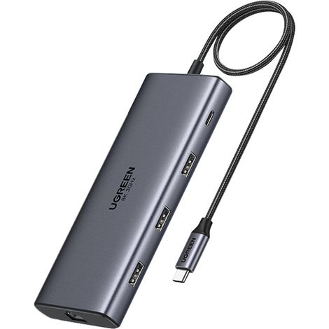 Hub USB-C Ugreen CM639, 2 ports HDMI, 3 ports USB, lecteur de cartes SD/TF, port RJ45, alimentation PD 100 W, 8K (1/2)