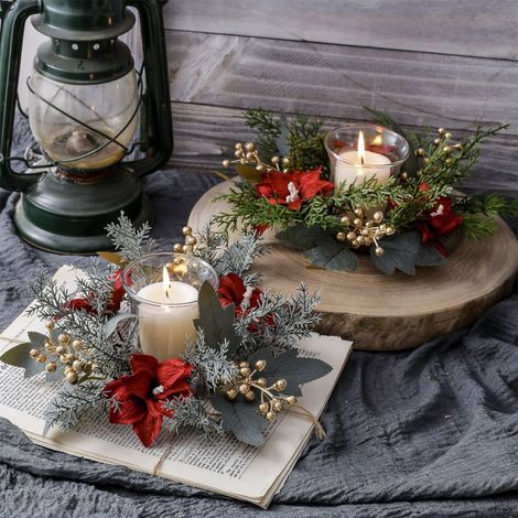Candle Ring - Artificial Holly And Berries Wreath For Candle Holder - Red Festive Decoration For Table Centerpiece - 1 Piece