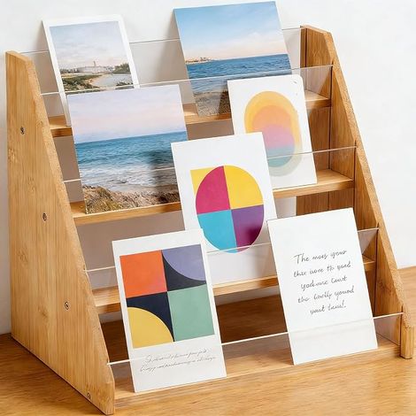 Postcard Display with 4 Levels, Bamboo and Acrylic Display Stand, Multifunctional Table for Stickers, Natural Wood, Suitable for Office, Home Use Store (1/5)