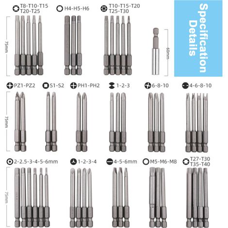 Coffret de 50 embouts de tournevis de sécurité, kit de tournevis magnétique extra long, coffret de rangement pour perceuse, embouts hexagonaux, embouts cruciformes et carrés. (1/5)