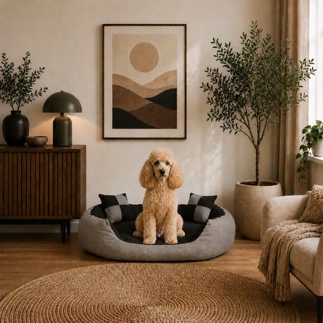belviona 4-in-1 Hundebett, Hundekörbchen mit Wendekissen, wasserabweisend, tiefer Einstieg & 2 Spielkissen, 85x70 cm, grau/schwarz (1/5)
