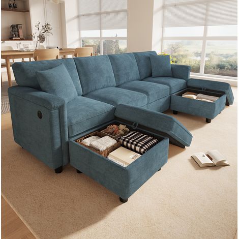 Canapé modulable 6 places en tissu bleu, formes L ou U, 2 poufs avec rangement, prises USB et Type-C, assise confortable pour salon et appartement – CHICFURN (1/5)